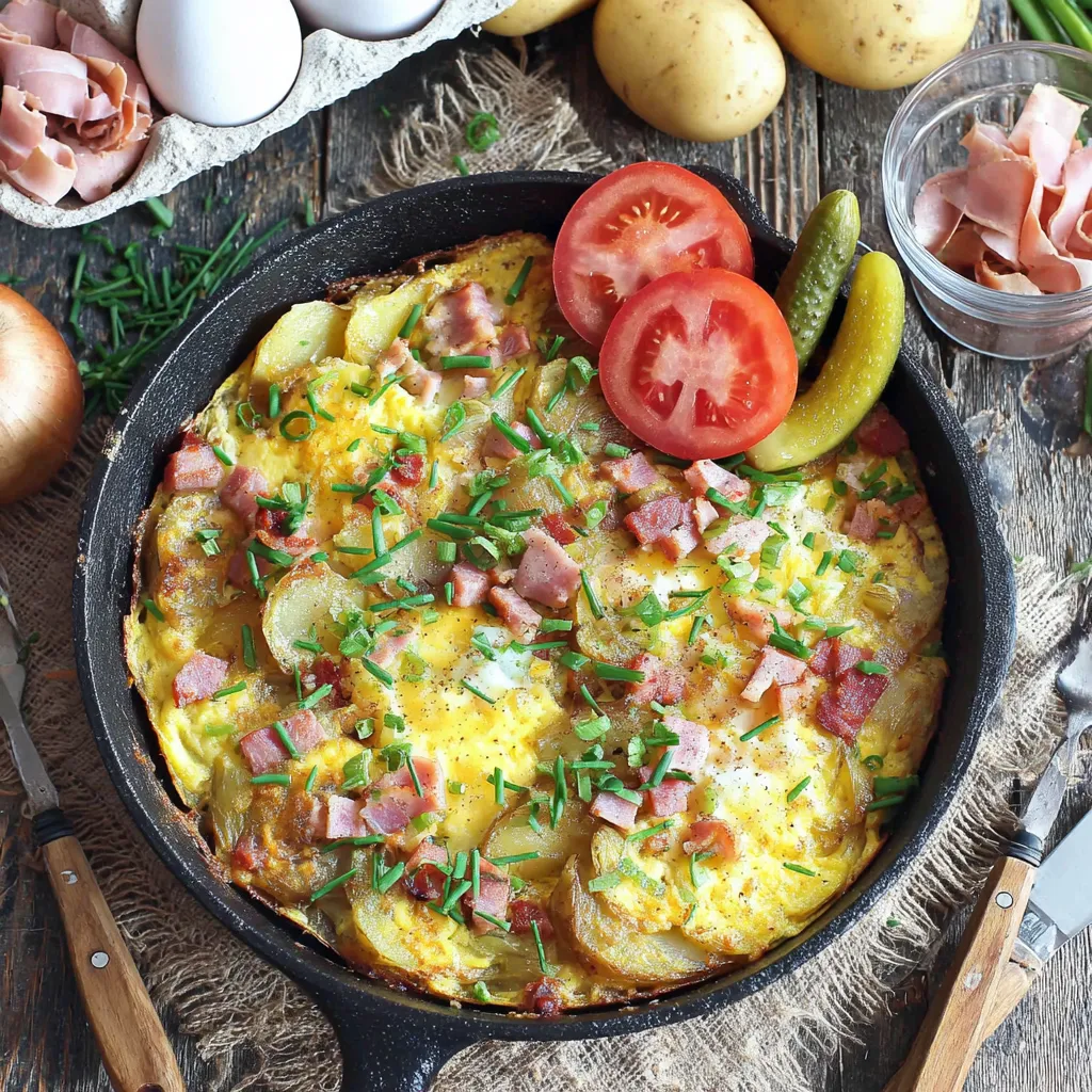 Eine Schüssel mit einer Mischung aus Eiern, Zwiebeln, Tomaten, Salat und Bacon.