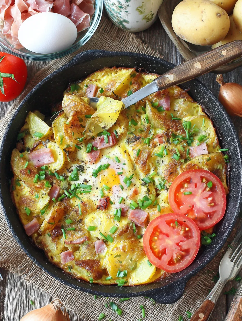 Eine Tasse mit einer Mischung aus Eiern, Zwiebeln, Tomaten, Kartoffeln und Ham.