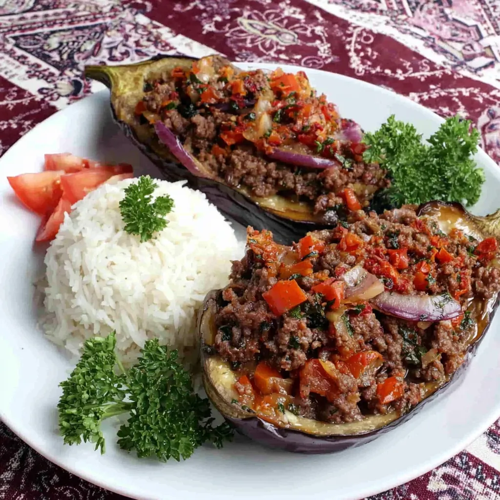 Ein weißer Teller mit zwei gegrillten Zucchini, die mit Rice und Gemüse garniert sind.