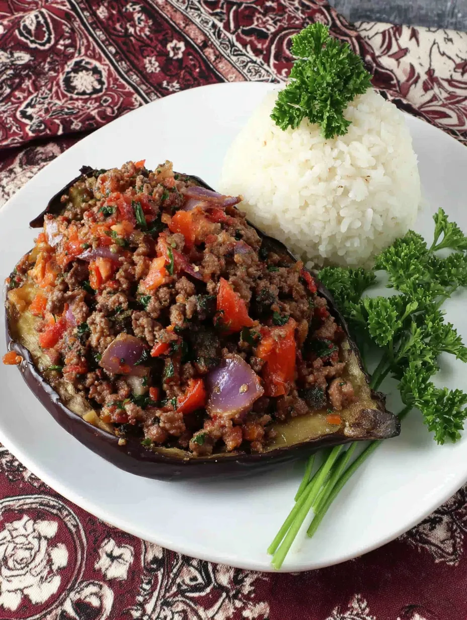 Ein wei&szlig;er Teller mit einer gegrillten K&uuml;rbis- oder Paprika-Spezialit&auml;t, die mit Rice und einer Garnitur aus Blattsalat und Zwiebeln garniert ist.