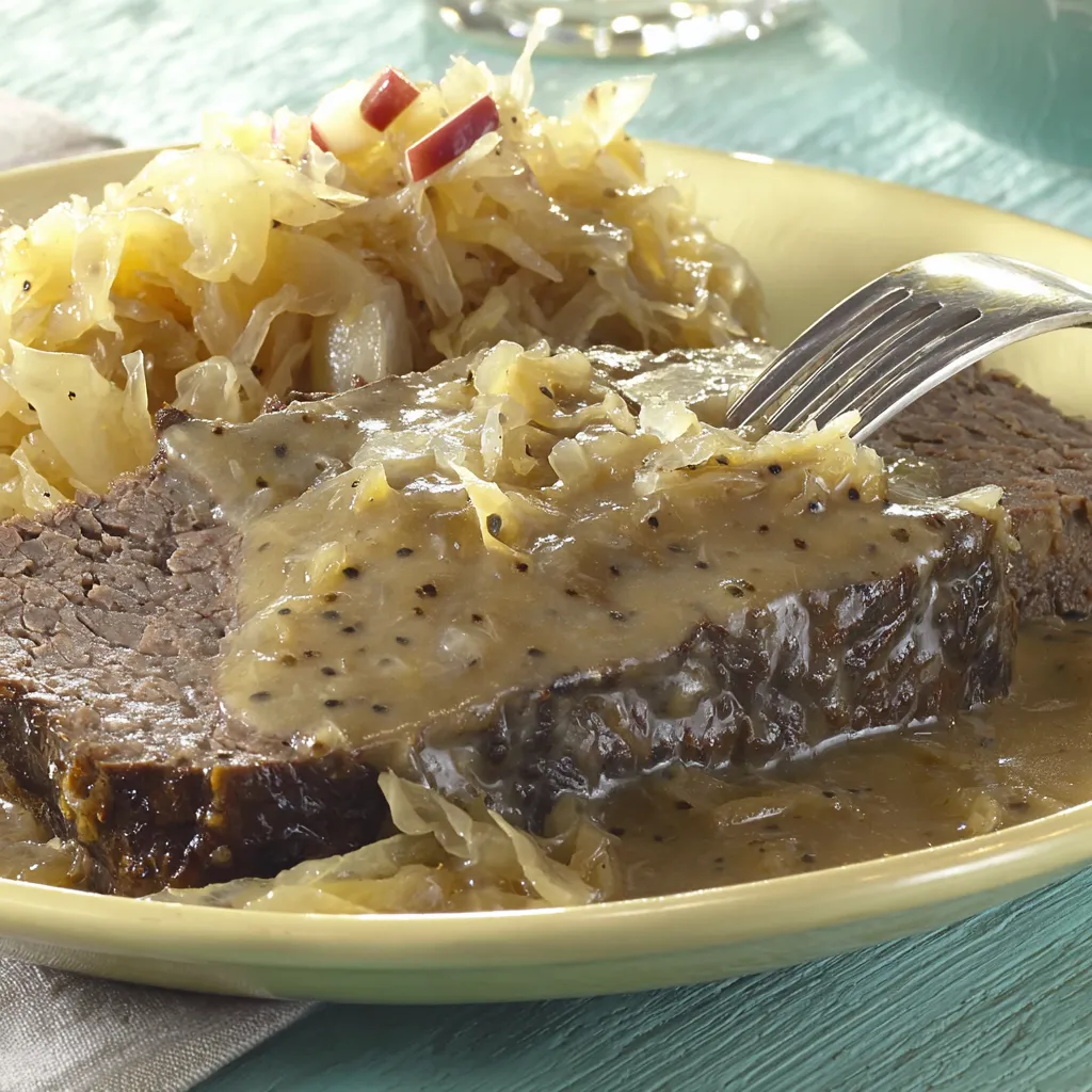 Ein Plate mit Fleisch, Sauce und Sauerkraut.