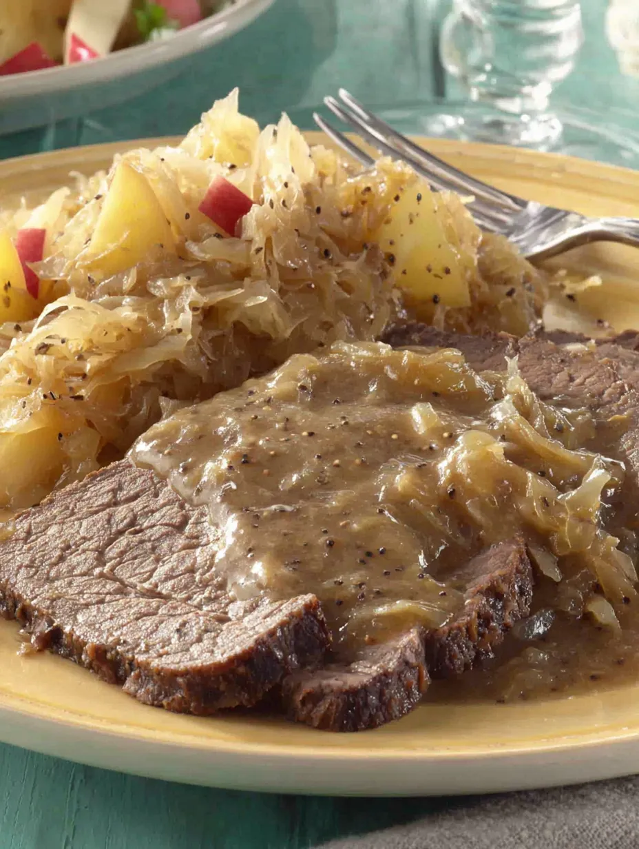 Ein Plate mit Fleisch, Sauce und Sauerkraut.