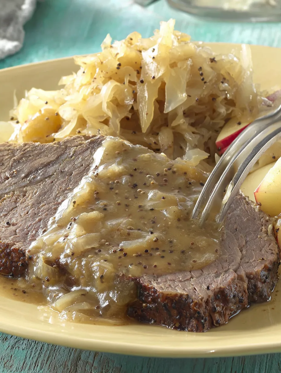 Eine Platte mit Fleisch, Sauce und Sauerkraut.