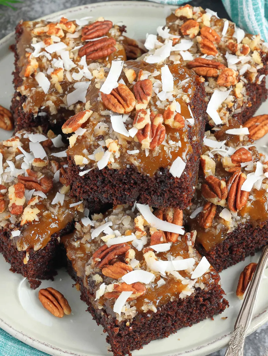 Eine Platte mit 6 Stücken von Cake mit Walnuss- und Kokosnuss-Topping.