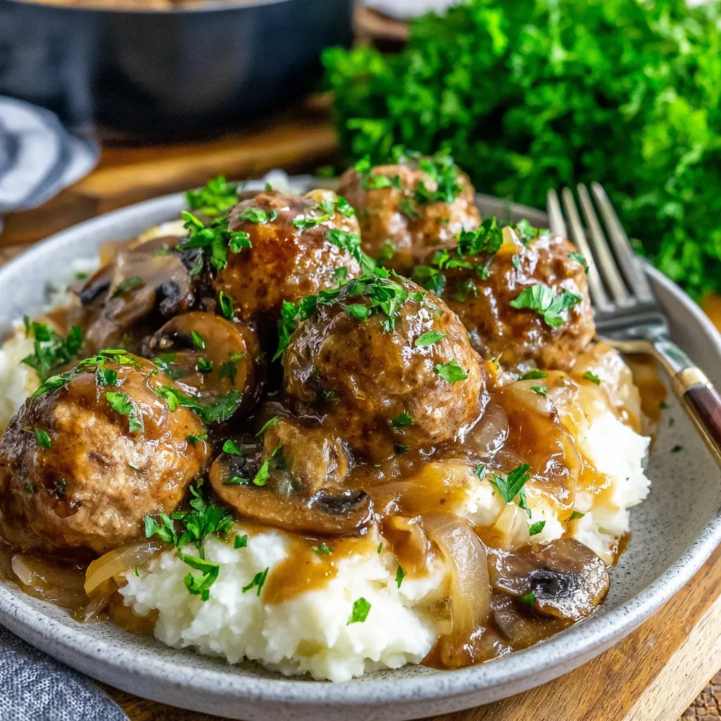 Ein Plate mit gegrillten Knödel und Mushrooms.