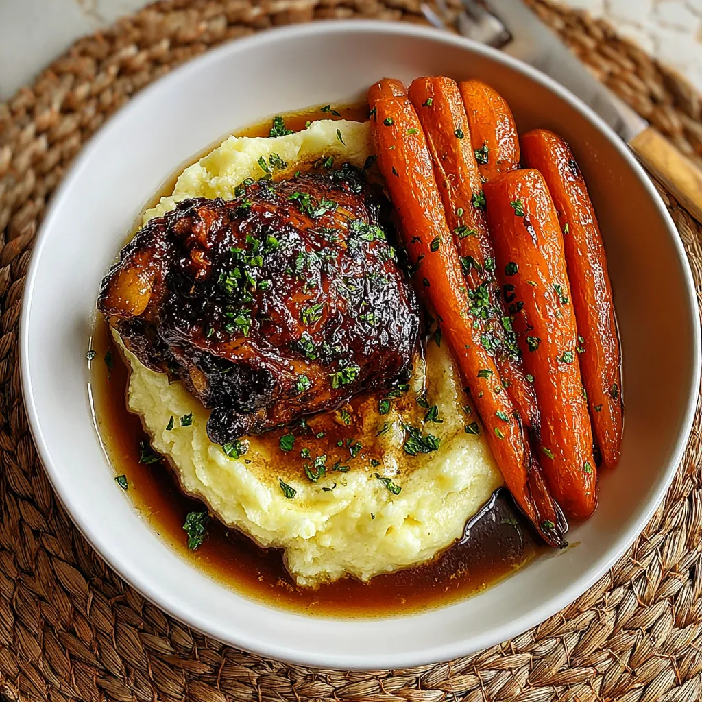 Ein weißer Teller mit einer Mischung aus Kartoffeln, Karotten und Fleisch.