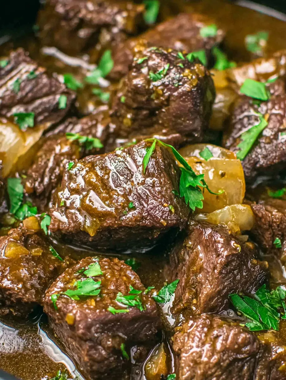 Eine Schüssel mit Fleisch, darunter auch Zwiebeln, in einer Sauce.