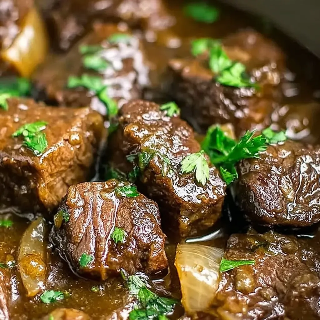 Eine Schüssel mit brauner Sauce und Fleischstücken, darunter auch Zwiebeln.