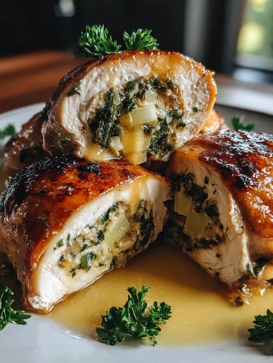 Ein Stück von Chicken mit grünen Zutaten, wie Spinat, auf einem Teller.