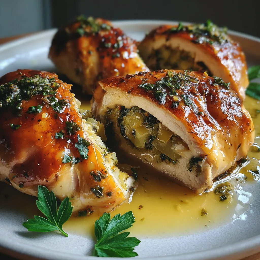Ein weißer Teller mit drei gegrillten Chicken-Brustchen, die mit Zwiebeln und Kräutern garniert sind.