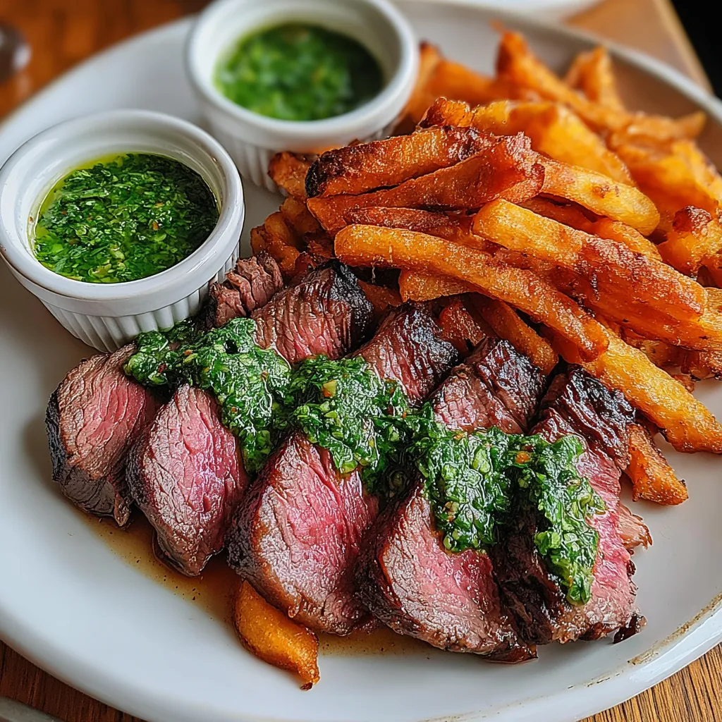 Eine Platte mit Steak, Fries und Sauce.