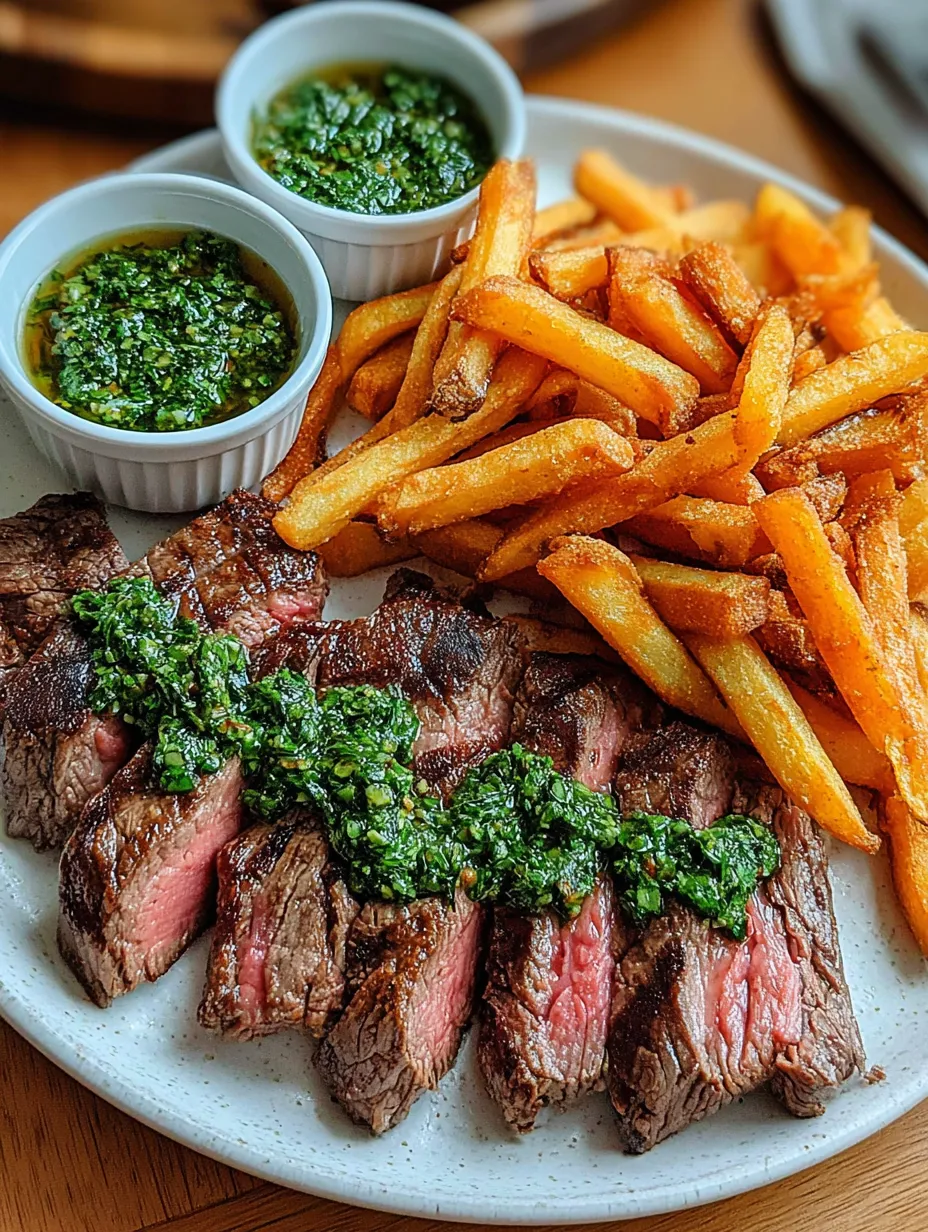 Eine Platte mit Steak, Fritten und Sauce.