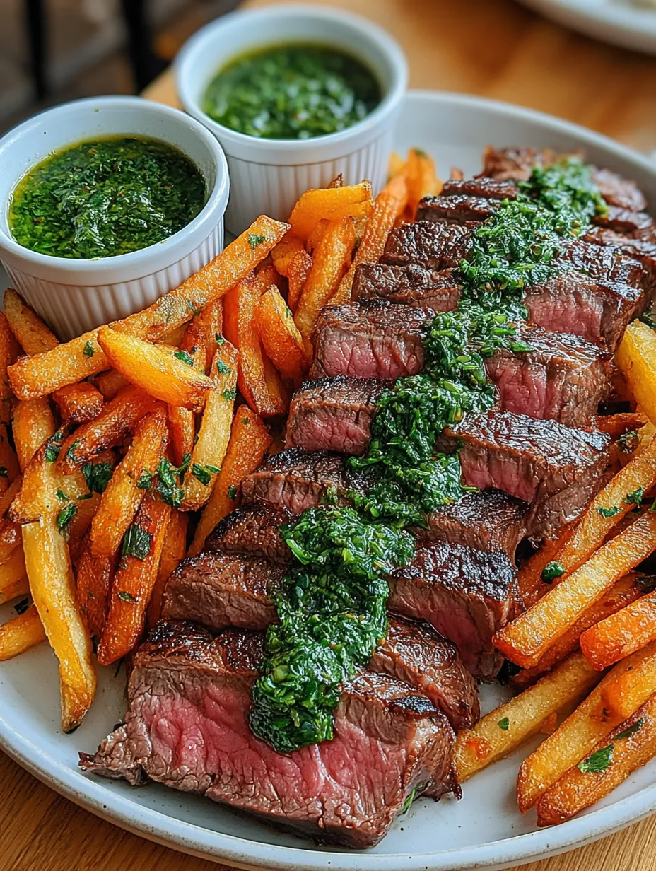 Eine Platte mit Steak, Fritten und Sauce.