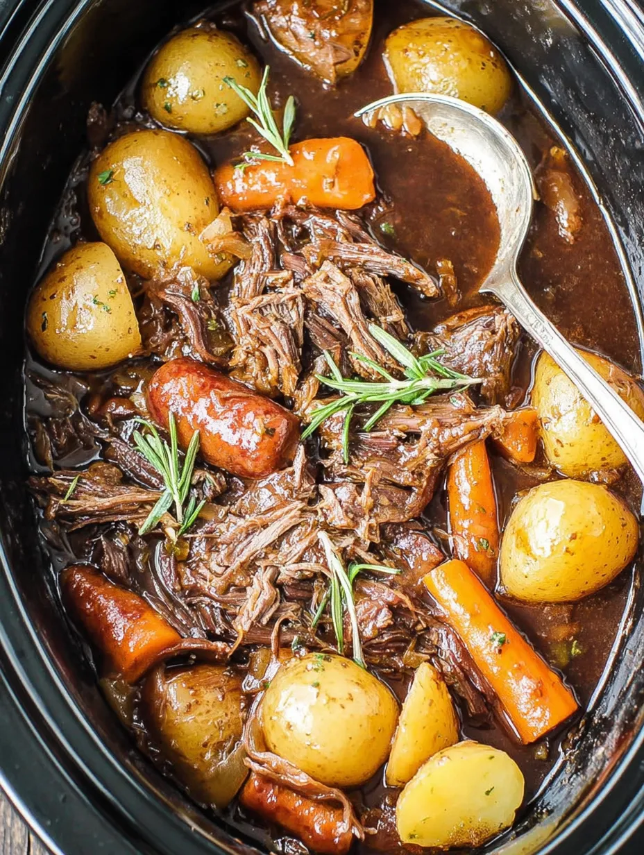 A pot of beef stew with carrots and potatoes.
