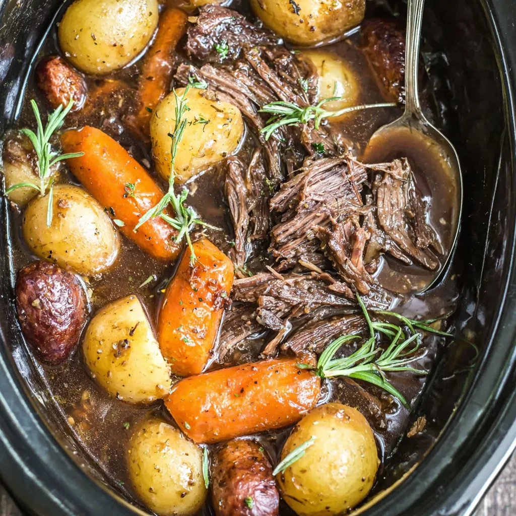A pot of beef stew with carrots and potatoes.