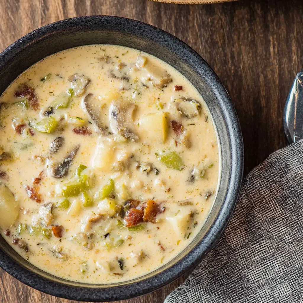 A bowl of soup with mushrooms and bacon.