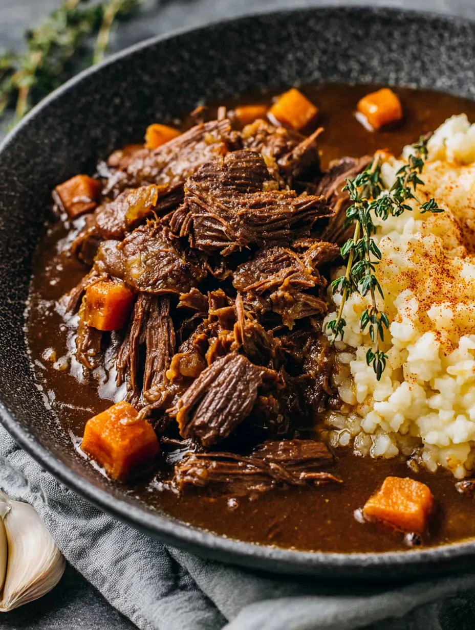Ein Schmelztopf mit Rindfleisch, Kartoffeln, Zwiebeln und Karotten.