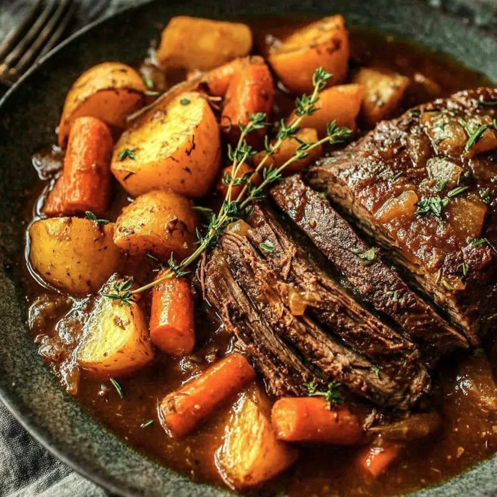 Ein Schmorbraten mit Karotten und Zwiebeln.