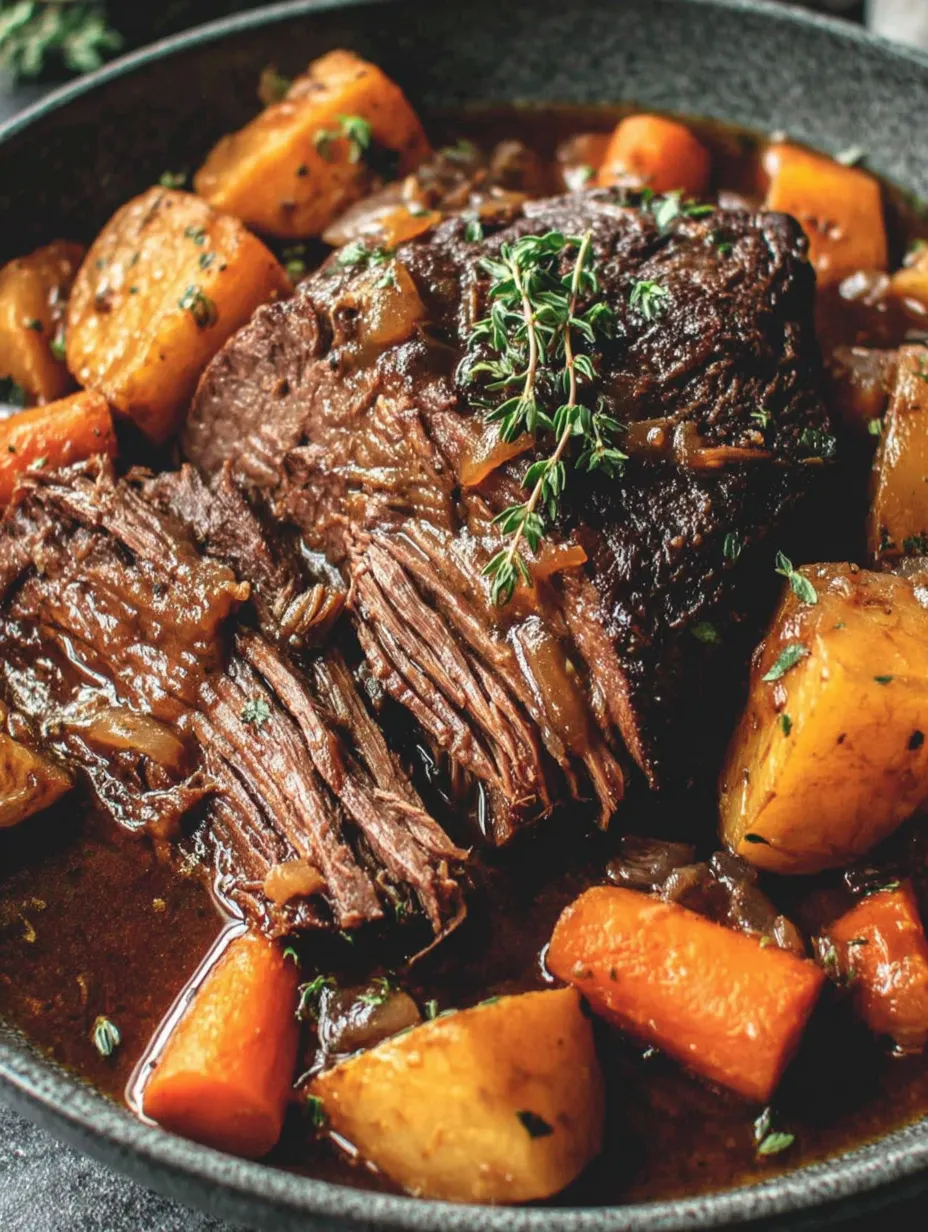 Ein Schmorbraten mit vielen Zwiebeln und Karotten.