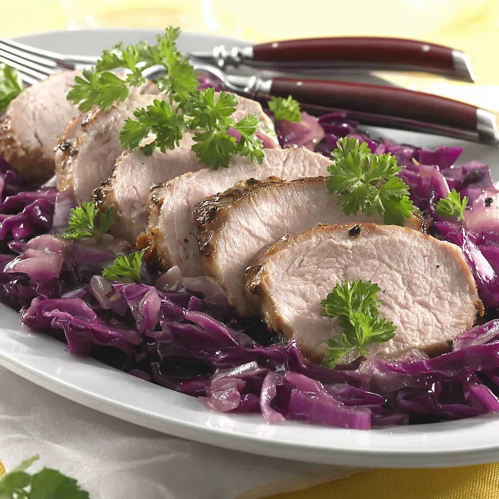 Ein weißer Teller mit einer Portion von Koteletts, die mit Zwiebeln und Sauce garniert sind.