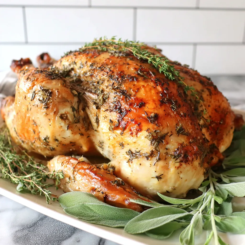 Ein ganzes, gegrilltes, mit Gewürzen und Kräutern verziertes Huhn auf einem weißen Plate.