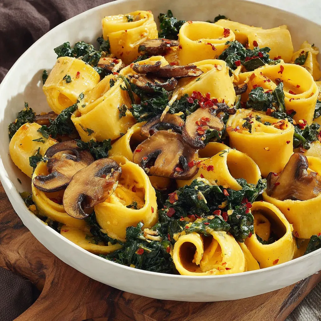 Ein weißer Teller mit einer Mischung aus Pasta, Spinat und Champignons.