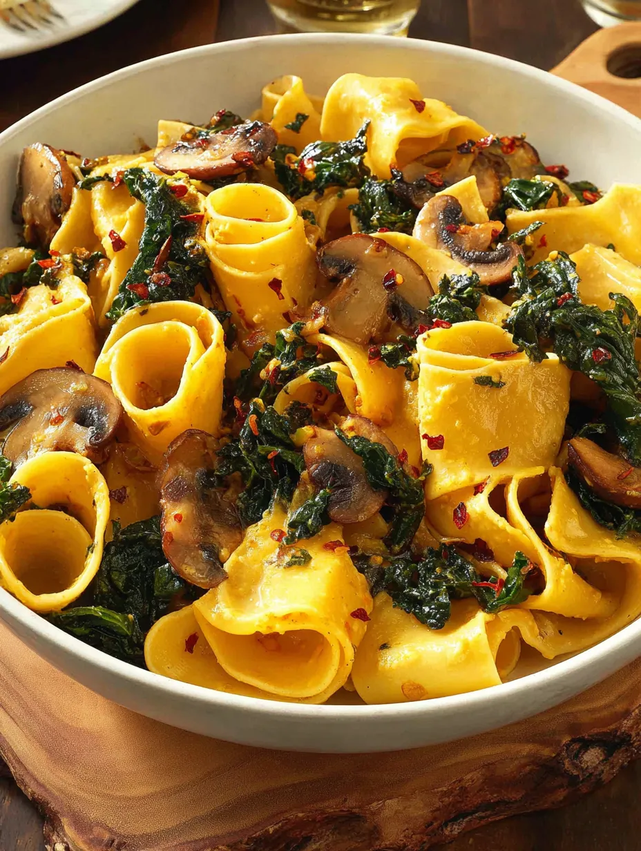 Ein weißer Teller mit Pasta, Mushrooms und Spinat.