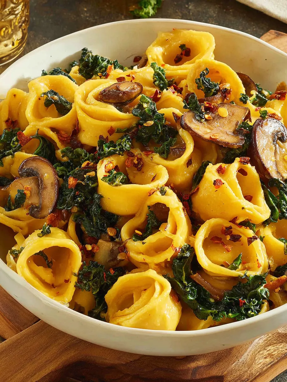 Ein weißer Teller mit einer Mischung aus Pasta, Spinat und Mushrooms.