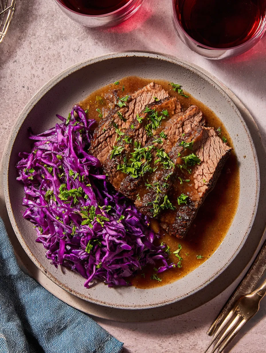 Ein Plate mit Steak, Sauce und Kohlrabi.