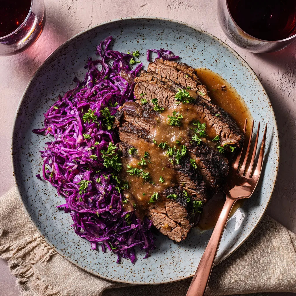 Ein Plate mit Steak, Sauce und Sauerkraut.