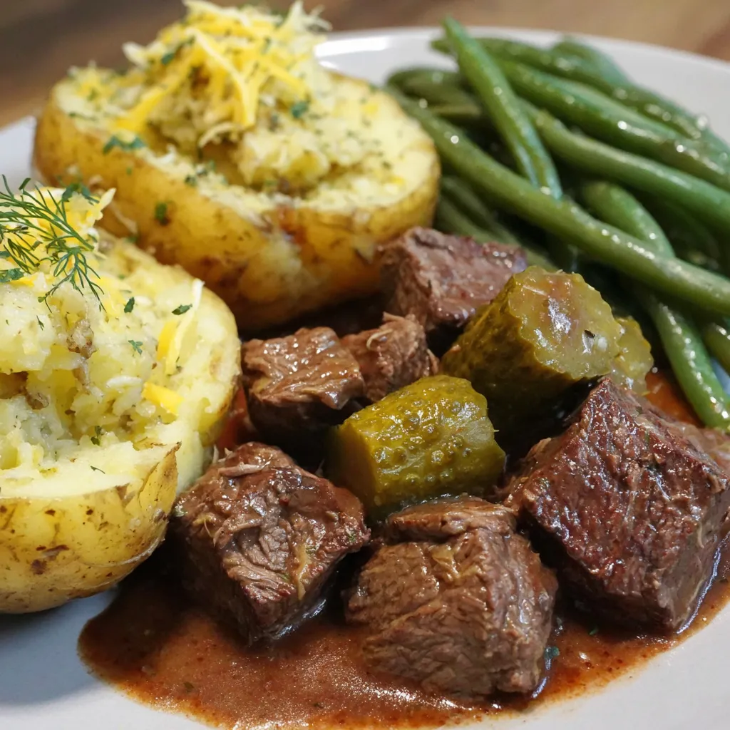 Ein weißer Teller mit einer Mischung aus Fleisch, Kartoffeln, Zwiebeln und grünen Bohnen.