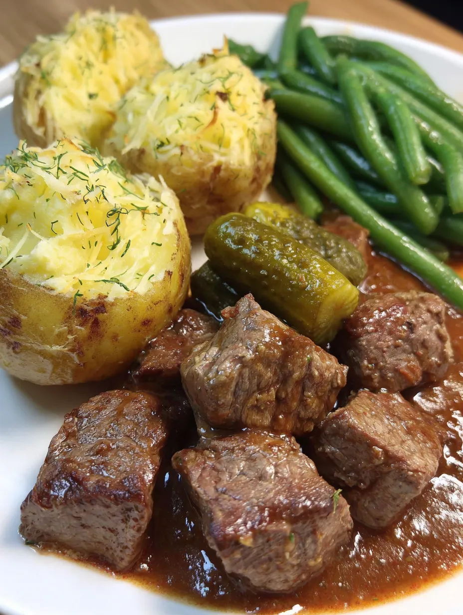 Eine Tasse mit Steak, Kartoffeln und Zwiebeln.