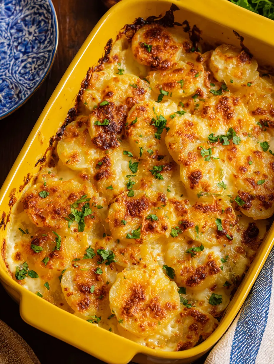 Ein Yellow Bowl mit einer Mischung aus Kartoffeln, Zwiebeln und Käse.