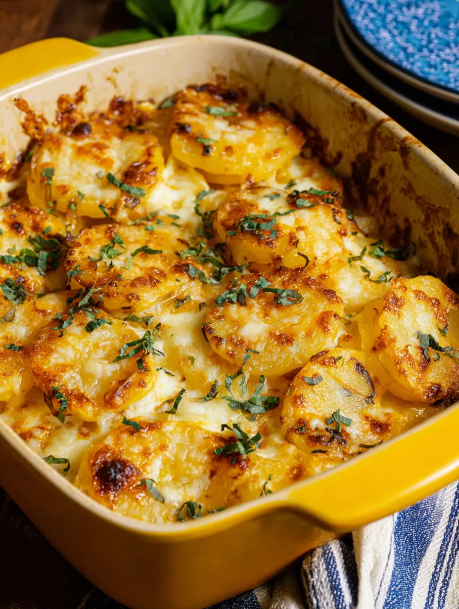 Ein Yellow Bowl mit einer Mischung aus Käse, Zwiebeln und Kartoffeln.