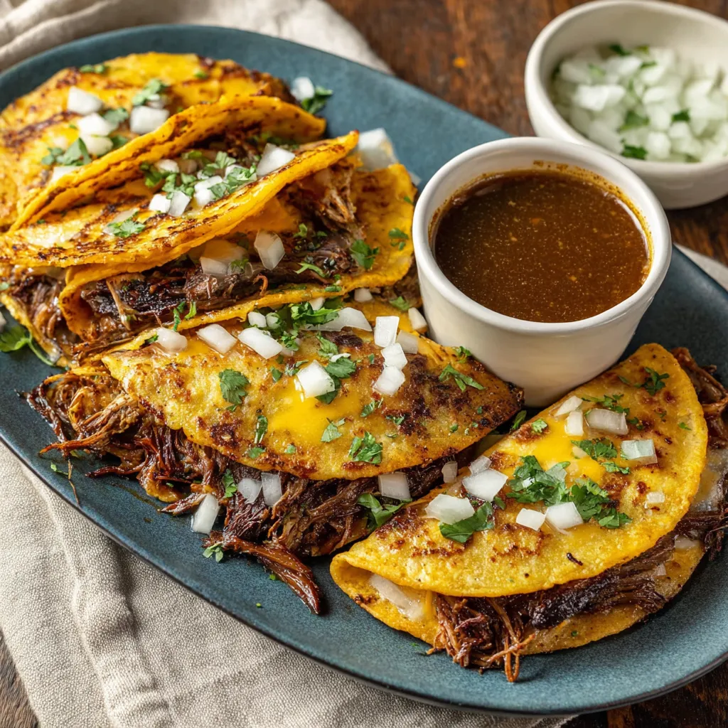 Ein Plate mit Tacos und einer Schüssel mit Sauce auf einem Tisch.