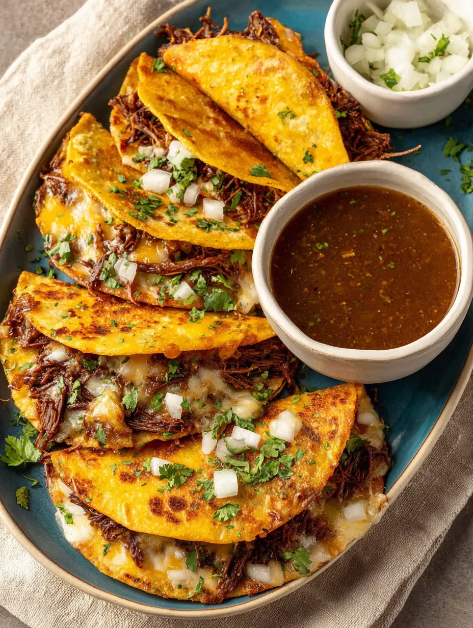 Eine Platte mit Tacos und einer Sauce.