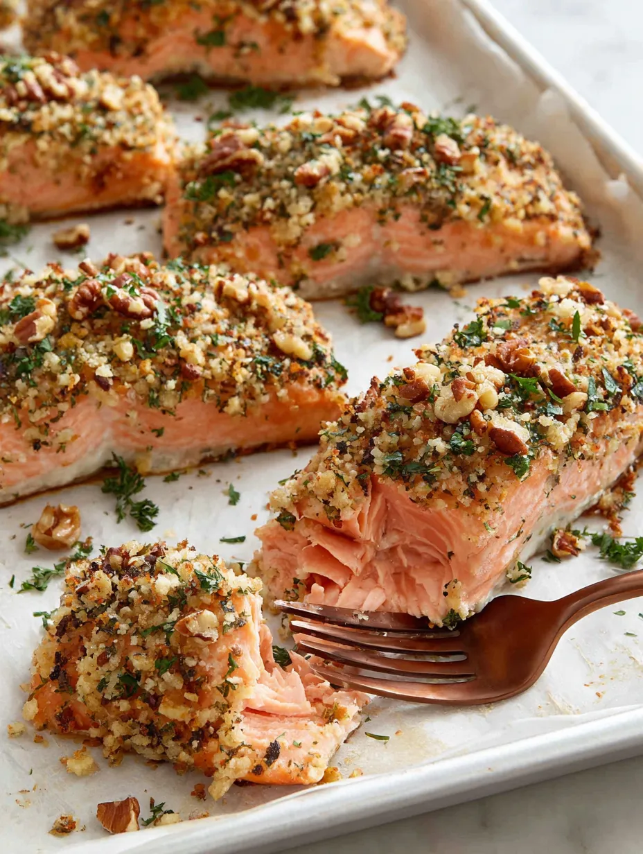 Eine Platte mit Salat und gekochtem Lachs auf einer Pfanne.