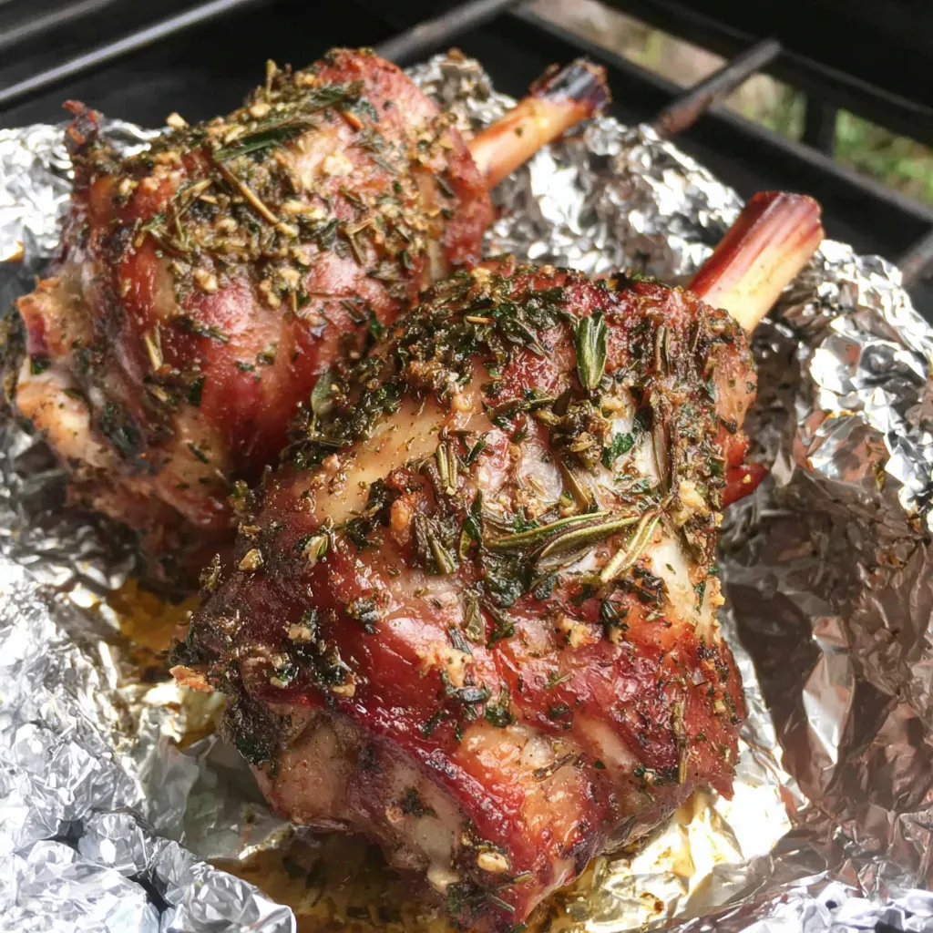 Zwei gegrillte Schweinebrust mit Gewürzen auf Aluminiumfolie.