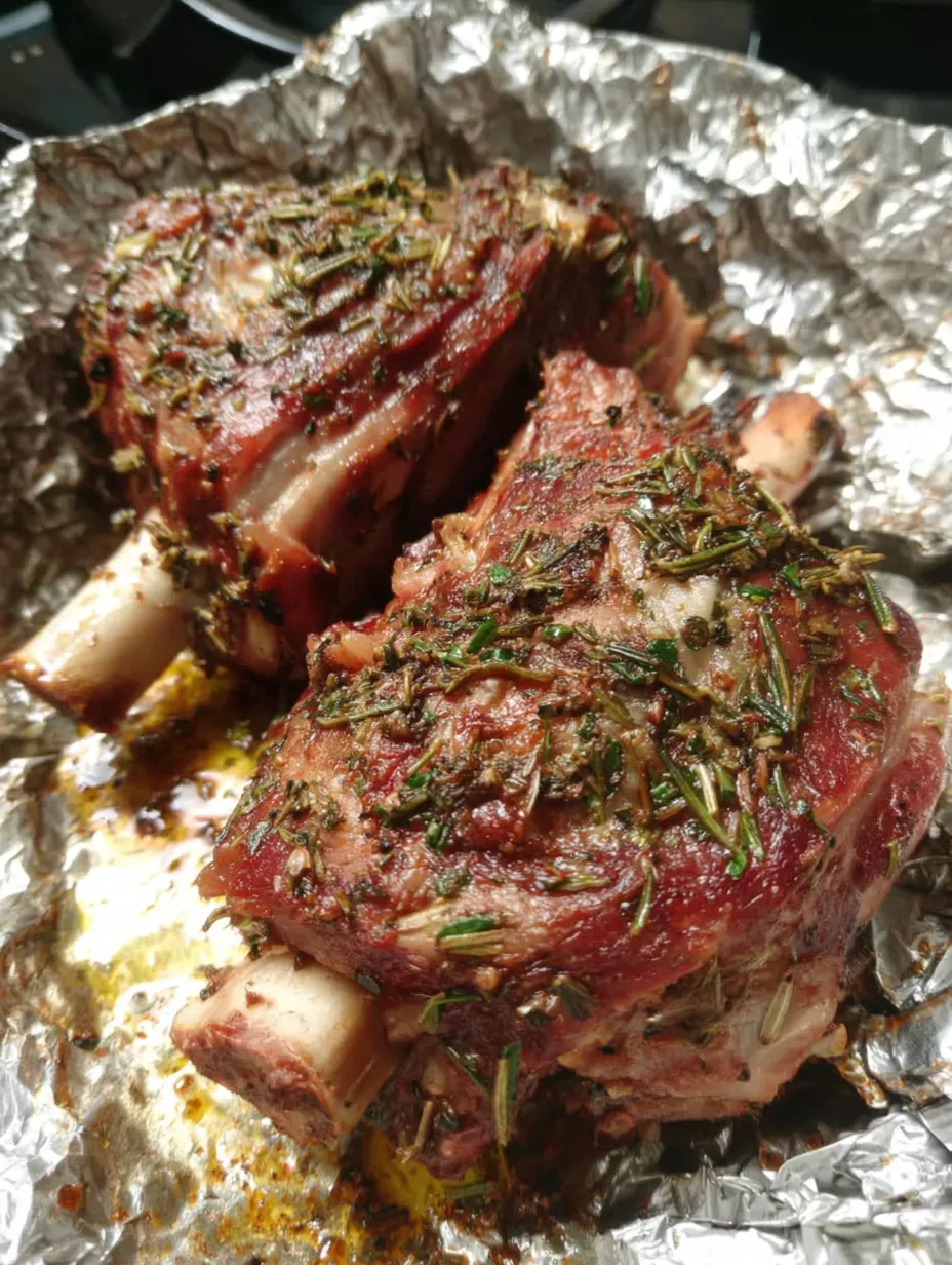 Zwei Stücke Rindfleisch auf Aluminiumfolie, mit Gewürzen und Kräutern zubereitet.