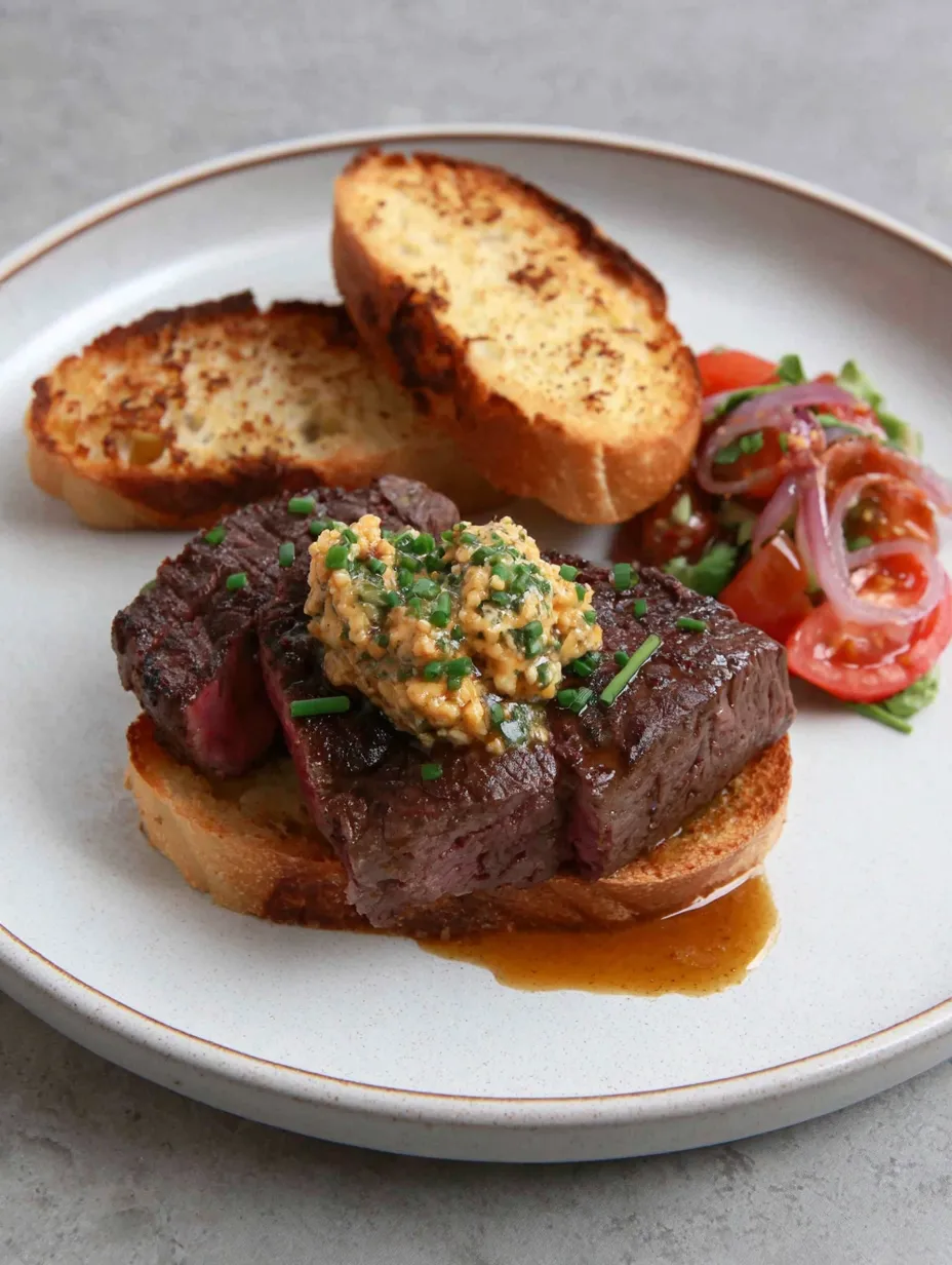 Ein Plate mit Steak, Toast und Tomaten.