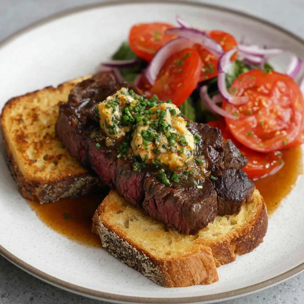 Eine Platte mit Toast, Steak und Tomaten.