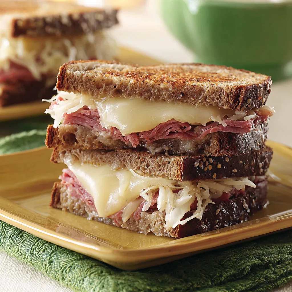 Zwei Sandwiches auf einem Plate, die mit Käse und Sauerkraut gefüllt sind.