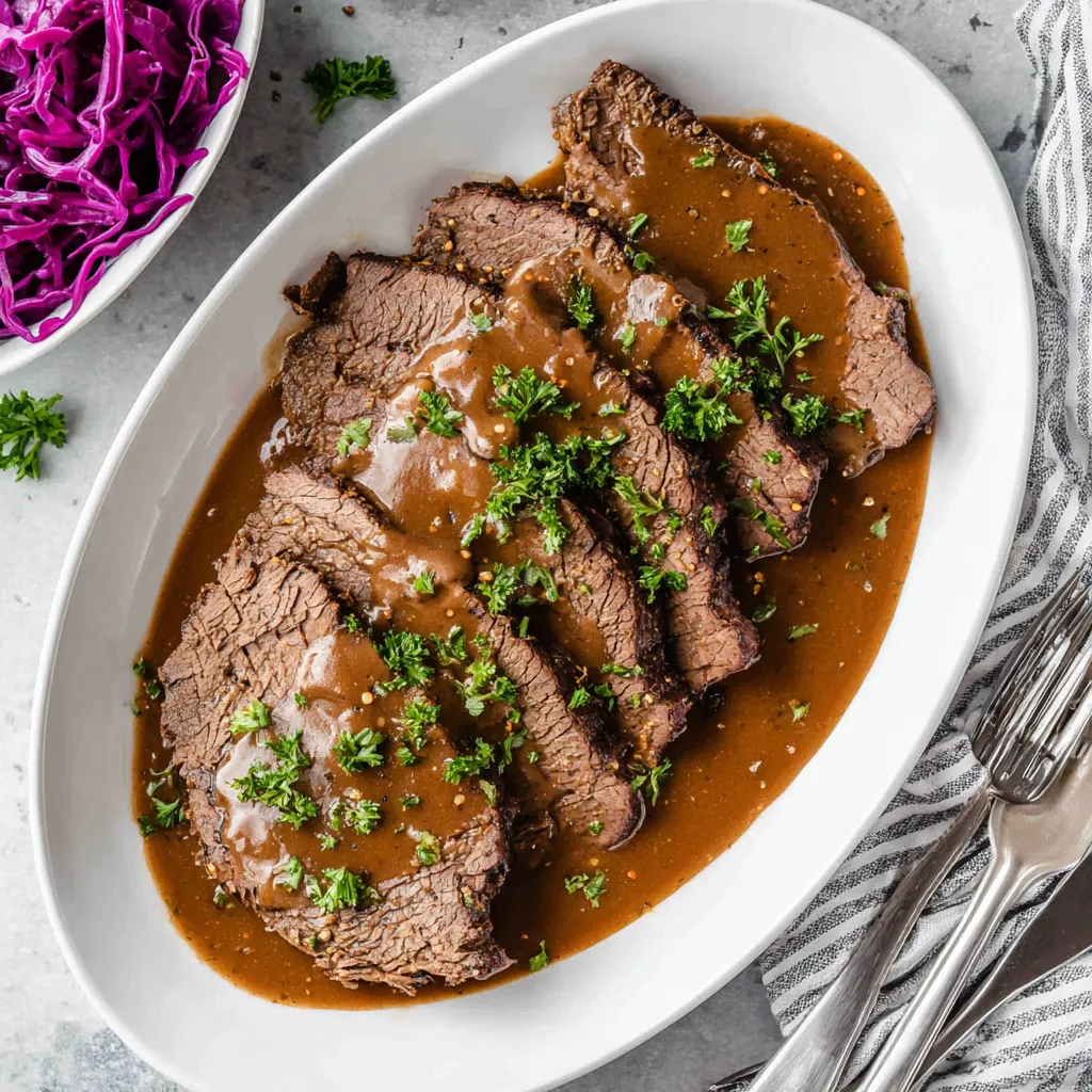 Ein weißer Teller mit gravy besetzt mit rohem Fleisch und Sauce.