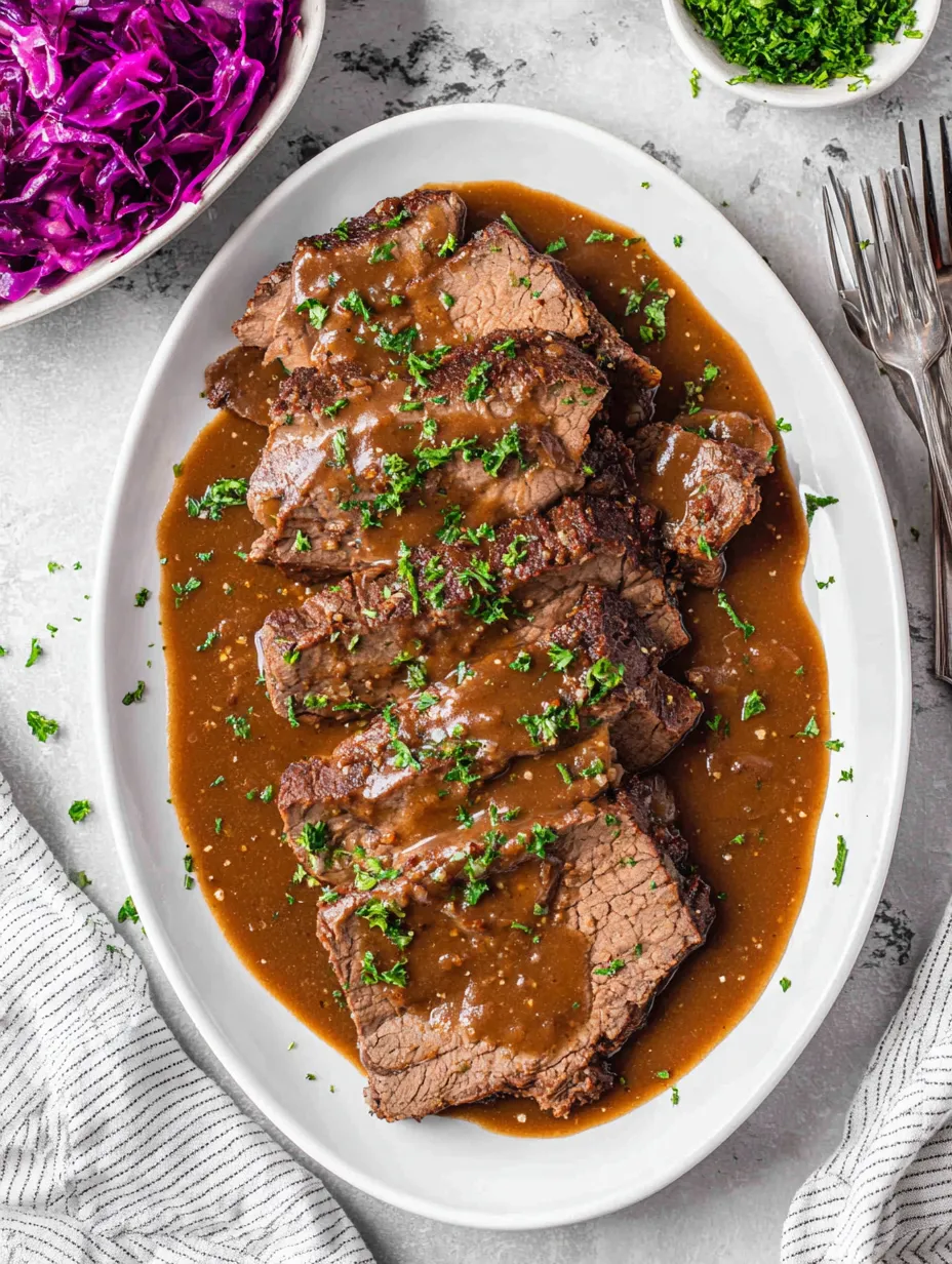 Ein weißer Teller mit gravy bedeckt, auf dem sich mehrere Stücke von Rindfleisch befinden.