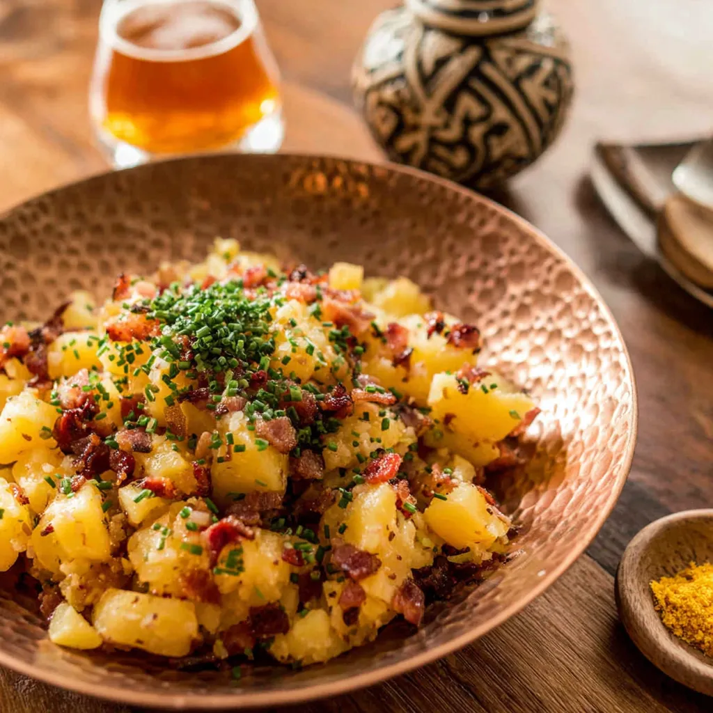 Ein Schälchen mit Bacon und Kartoffeln auf einem Tisch.