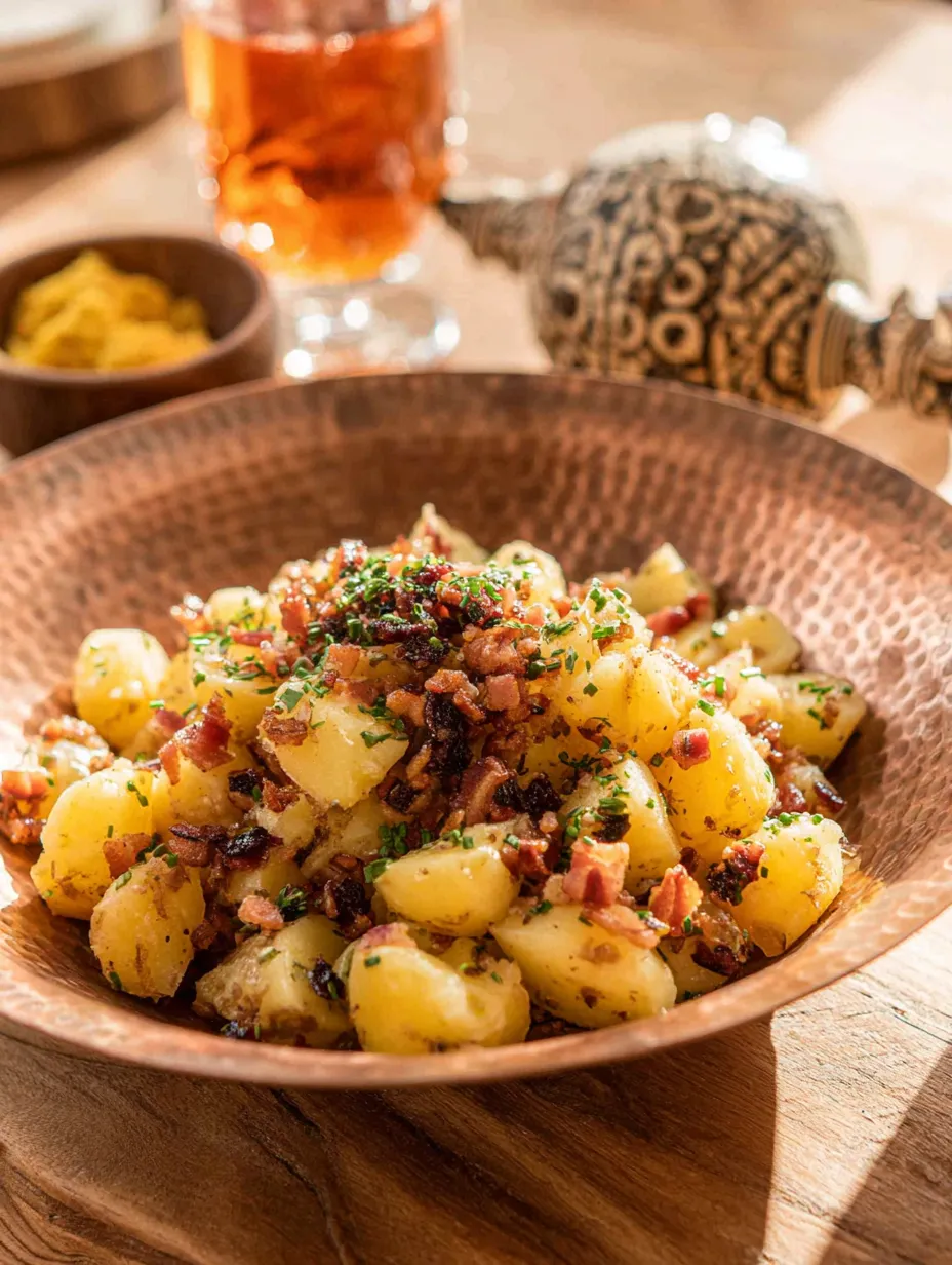 Ein Bohnenteller mit Bacon, Kartoffeln und Zwiebeln.