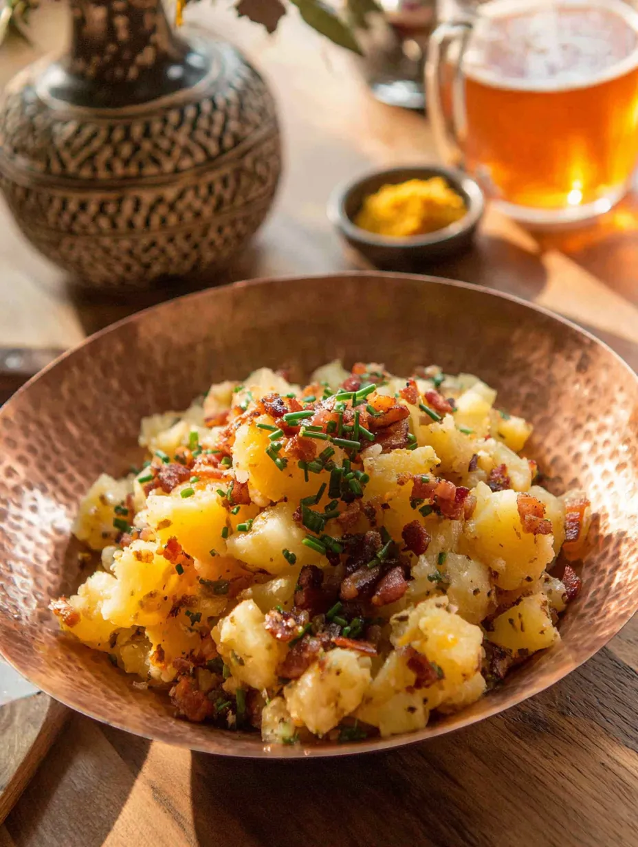 Ein Schälchen mit Bacon, Kartoffeln und Zwiebeln.