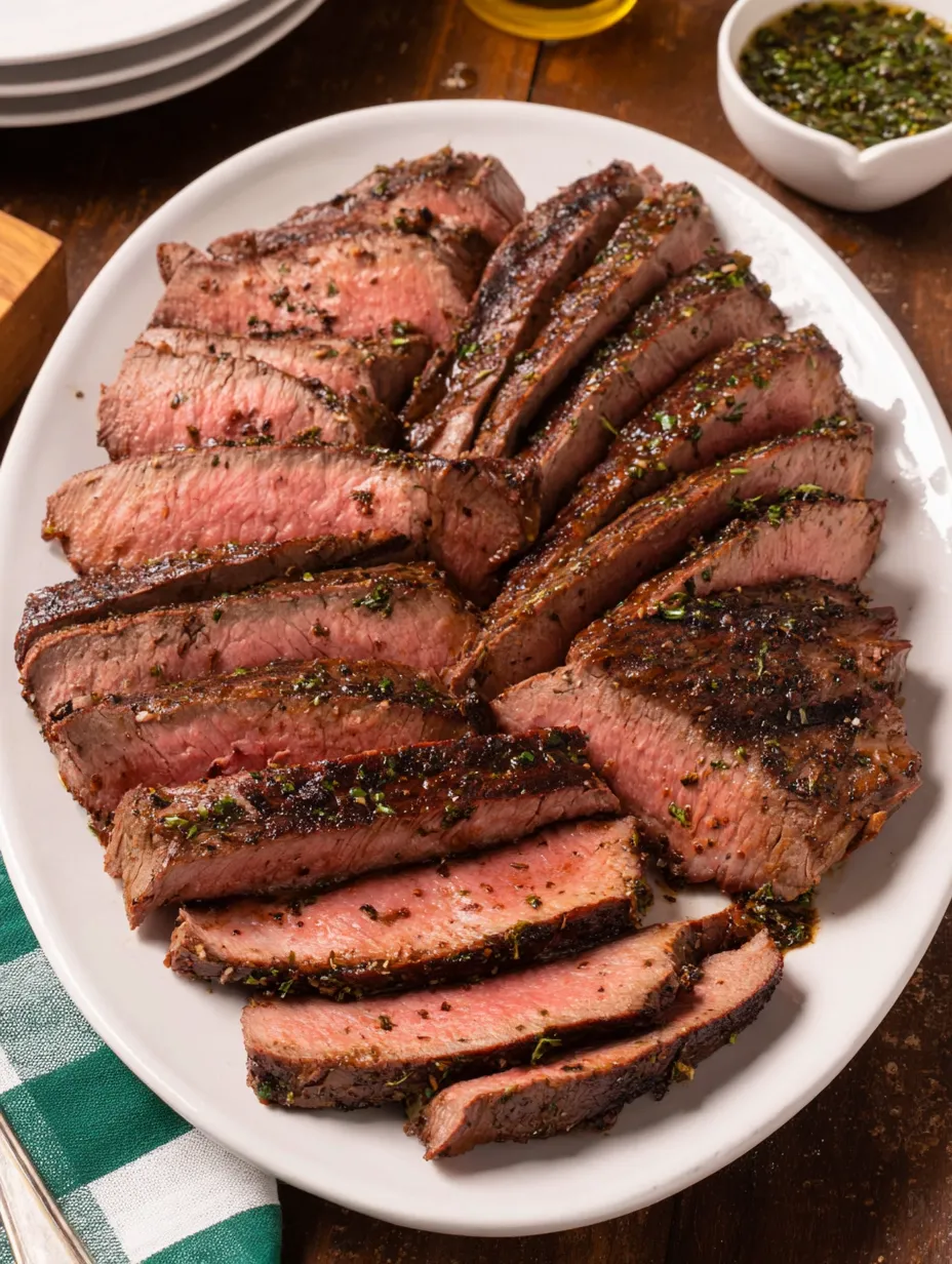 Eine Platte mit Steak, das in Stücke geschnitten wurde, auf einem Tisch.