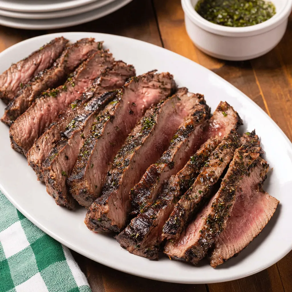 Eine Platte mit Steak, die in Stücke geschnitten ist, auf einem Tisch.