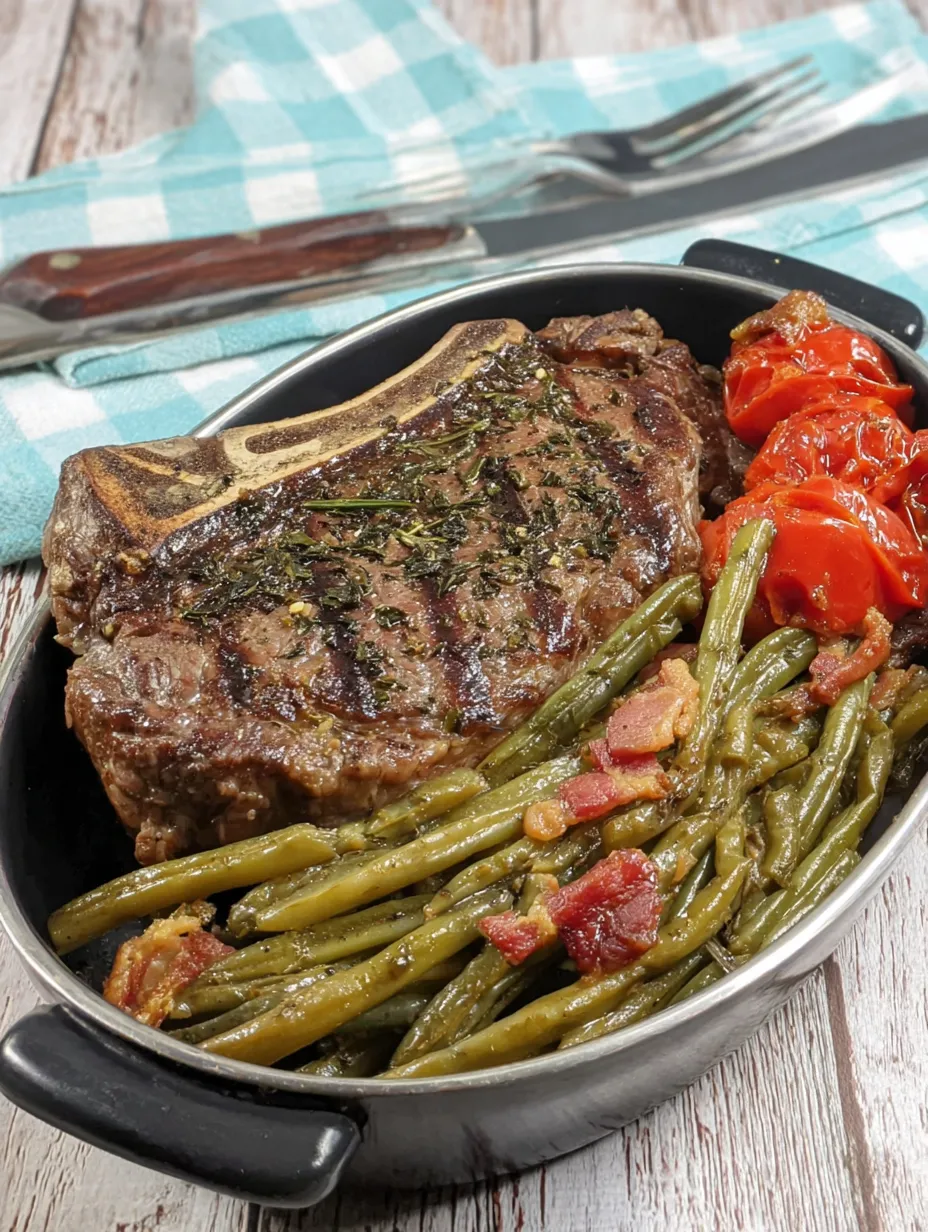 Ein Schinken, der in einem Kessel mit grünen Bohnen und Tomaten gegrillt wurde.